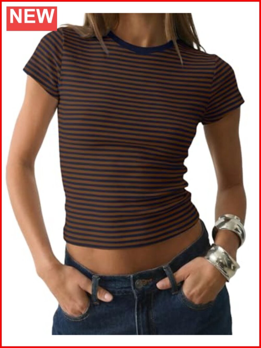 Striped Cotton Crop Tee Short Sleeve Slim Fit Crew Neck Y2K Preppy Top